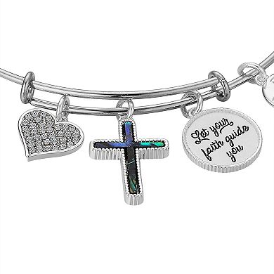 Love This Life Fine Silver Plated Crystal "Let Your Faith Guide You" Abalone Cross & Heart Charm Bangle Bracelet