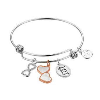 Love This Life Two-Tone Crystal & Mother of Pearl "Always Sisters Forever Friends" Heart & Infinity Charm Bangle Bracelet