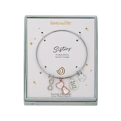 Love This Life Two-Tone Crystal & Mother of Pearl "Always Sisters Forever Friends" Heart & Infinity Charm Bangle Bracelet