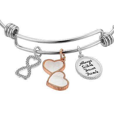 Love This Life Two-Tone Crystal & Mother of Pearl "Always Sisters Forever Friends" Heart & Infinity Charm Bangle Bracelet