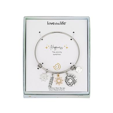 Love This Life Two-Tone Crystal "U R My Sunshine" Sun & Sunflower Charm Bangle Bracelet