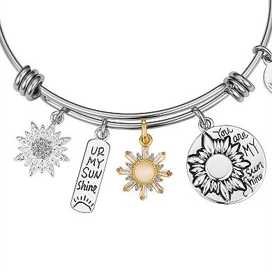 Love This Life Two-Tone Crystal "U R My Sunshine" Sun & Sunflower Charm Bangle Bracelet