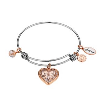 Love This Life® Two Tone Stainless Steel "Believe" Cubic Zirconia Angel Wings Shaker Bracelet