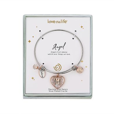 Love This Life® Two Tone Stainless Steel "Believe" Cubic Zirconia Angel Wings Shaker Bracelet