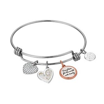Love This Life Two-Tone Crystal & Mother of Pearl "Daughters Fill the World with Beauty" Heart & Flower Charm Bangle Bracelet