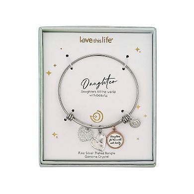 Love This Life Two-Tone Crystal & Mother of Pearl "Daughters Fill the World with Beauty" Heart & Flower Charm Bangle Bracelet