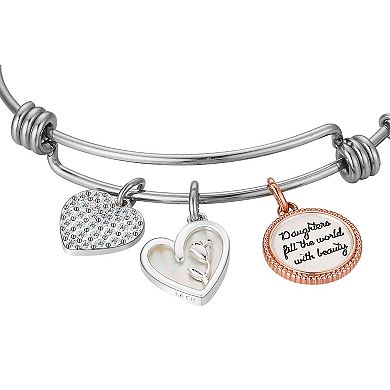 Love This Life Two-Tone Crystal & Mother of Pearl "Daughters Fill the World with Beauty" Heart & Flower Charm Bangle Bracelet