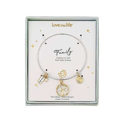 Love This Life Two-Tone Cubic Zirconia Blue Multicolor "Family" Cross Bangle Bracelet