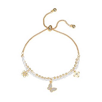 Love This Life 14k Gold Flash-Plated Cubic Zirconia Butterfly, Double Flower, Pearl & Beaded, Double Strand Adjustable Bolo Bracelet
