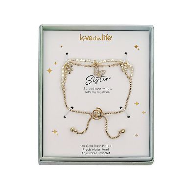 Love This Life 14k Gold Flash-Plated Cubic Zirconia Butterfly, Double Flower, Pearl & Beaded, Double Strand Adjustable Bolo Bracelet