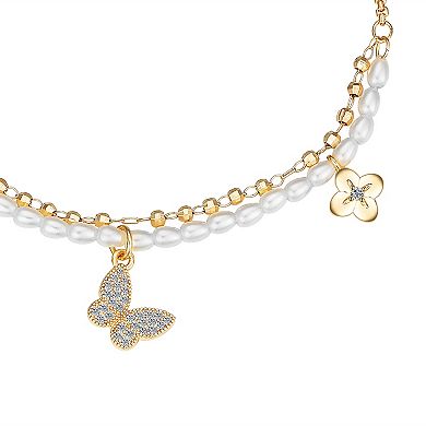 Love This Life 14k Gold Flash-Plated Cubic Zirconia Butterfly, Double Flower, Pearl & Beaded, Double Strand Adjustable Bolo Bracelet