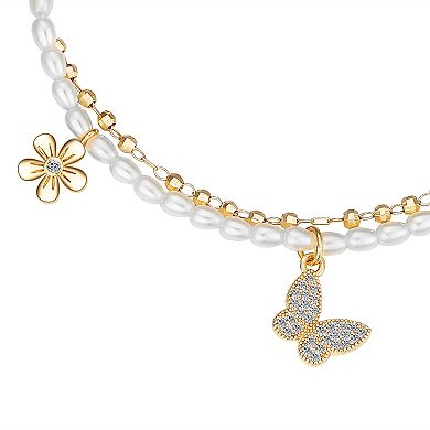 Love This Life 14k Gold Flash-Plated Cubic Zirconia Butterfly, Double Flower, Pearl & Beaded, Double Strand Adjustable Bolo Bracelet