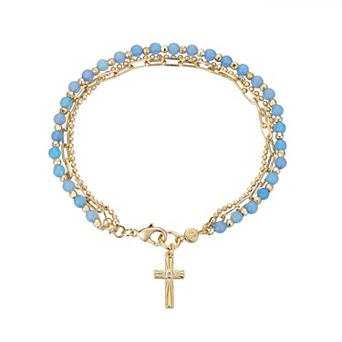 Love This Life Blue Quartz Bead Triple Strand Cross Bracelet