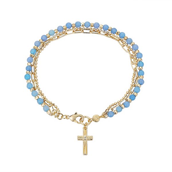 Love This Life Blue Quartz Bead Triple Strand Cross Bracelet - Gold Tone