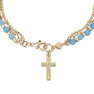 Love This Life Blue Quartz Bead Triple Strand Cross Bracelet