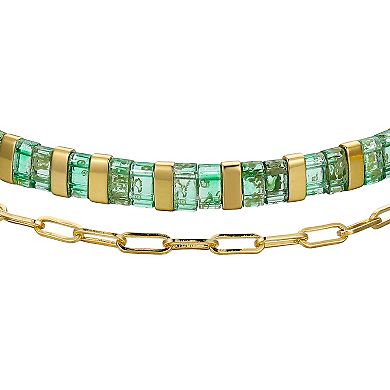 Love This Life 14k Gold Flash-Plated Paper Clip Chain & Green Glass Tile Stretch Bracelet Set