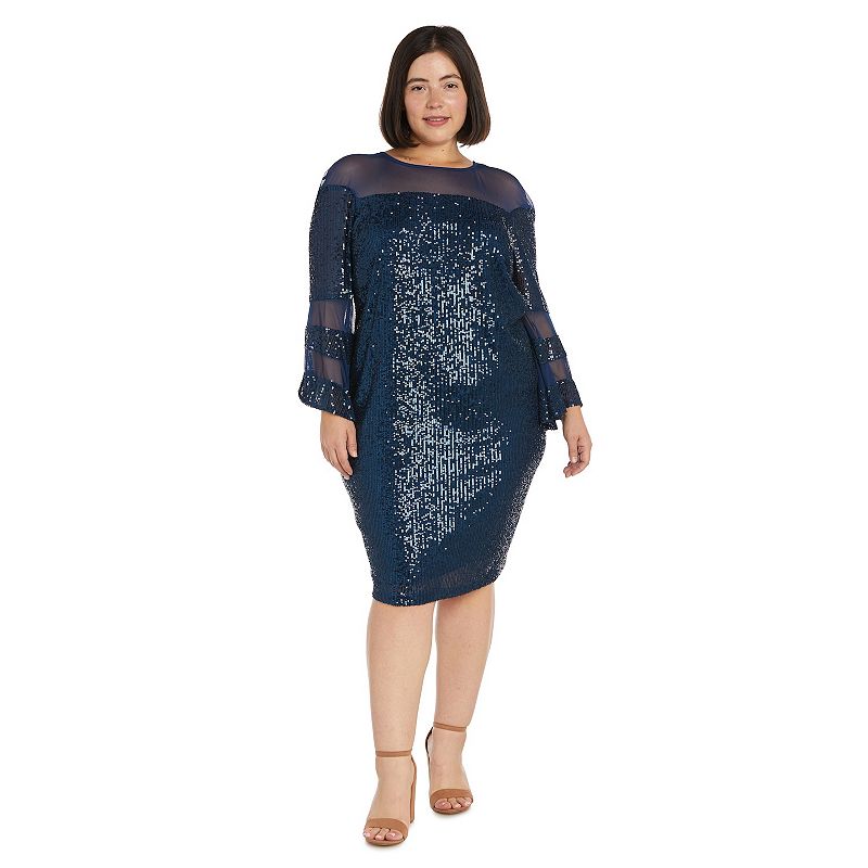 Plus Size R&M Richards Illusion Bodice Bell Sleeve Dress, Women's, Size: 18 W, Dark Blue