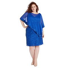 R&M Richards Women's Plus Size Sequin Lace Poncho Party Dress