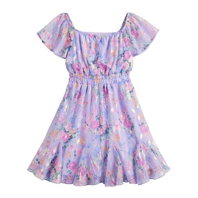 Girls 4-16 Three Pink Hearts Flutter Sleeve Tie-Waist Dress