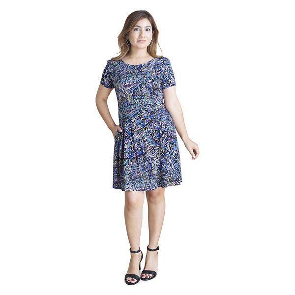 Petite Connected Apparel Short Sleeve A Line Dress with Pockets