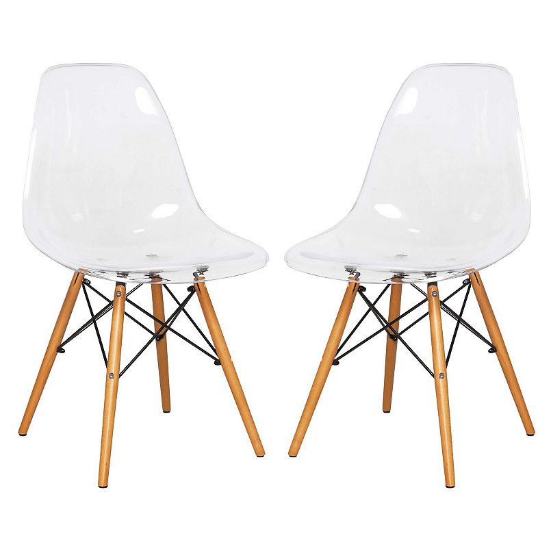 Set of 2 molded side chairs with clear white shells and natural wood legs
