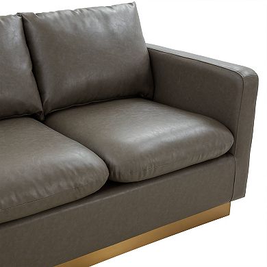 LeisureMod Nervo Modern Mid-Century Upholstered Leather Sofa with Gold Frame