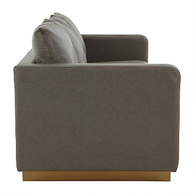 LeisureMod Nervo Modern Mid-Century Upholstered Leather Sofa with Gold Frame