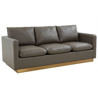 LeisureMod Nervo Modern Mid-Century Upholstered Leather Sofa with Gold Frame
