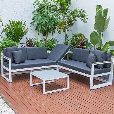 LeisureMod Chelsea White Sectional With Adjustable Headrest & Coffee Table With Cushions