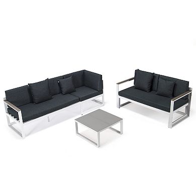 LeisureMod Chelsea White Sectional With Adjustable Headrest & Coffee Table With Cushions