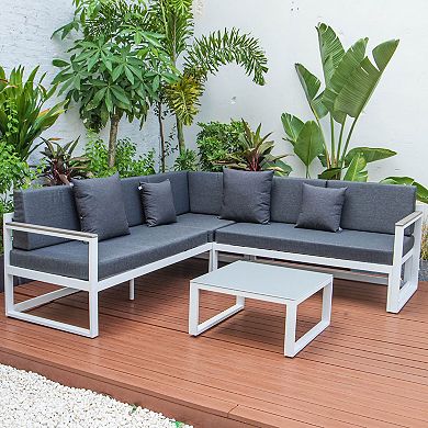 LeisureMod Chelsea White Sectional With Adjustable Headrest & Coffee Table With Cushions