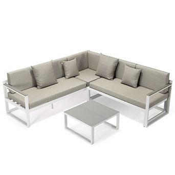 LeisureMod Chelsea White Sectional With Adjustable Headrest & Coffee Table With Cushions