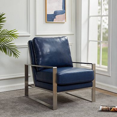 LeisureMod Jefferson Leather Modern Design Accent Armchair With Elegant Silver Frame