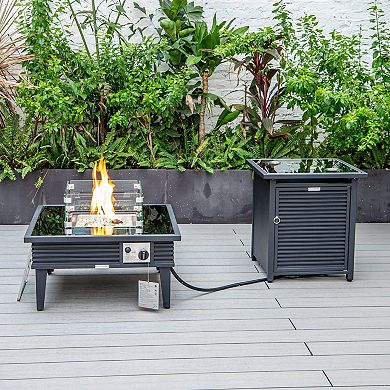 LeisureMod Walbrooke Modern Black Patio Conversation With Square Fire Pit With Slats Design & Tank Holder