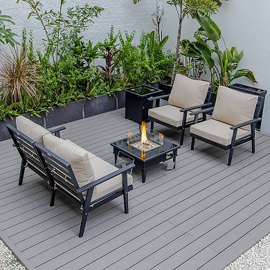 LeisureMod Walbrooke Modern Black Patio Conversation With Square Fire Pit With Slats Design & Tank Holder