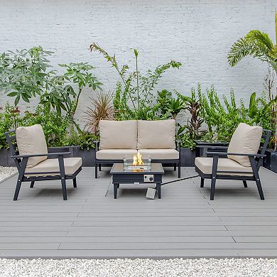 LeisureMod Walbrooke Modern Black Patio Conversation With Square Fire Pit With Slats Design & Tank Holder