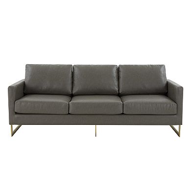 LeisureMod Lincoln Modern Mid-Century Upholstered Leather Sofa with Gold Frame