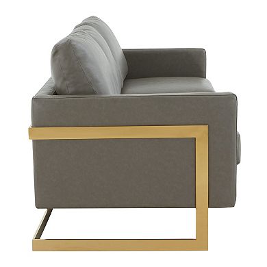 LeisureMod Lincoln Modern Mid-Century Upholstered Leather Sofa with Gold Frame
