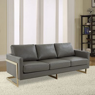 LeisureMod Lincoln Modern Mid-Century Upholstered Leather Sofa with Gold Frame