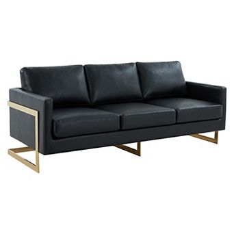 LeisureMod Lincoln Modern Mid-Century Upholstered Leather Sofa with Gold Frame