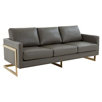 LeisureMod Lincoln Modern Mid-Century Upholstered Leather Sofa with Gold Frame