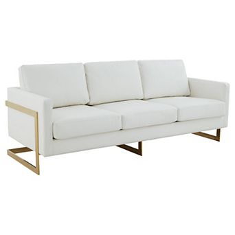 LeisureMod Lincoln Modern Mid-Century Upholstered Leather Sofa with Gold Frame
