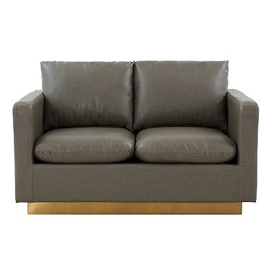 LeisureMod Nervo Modern Mid-Century Upholstered Leather Loveseat with Gold Frame