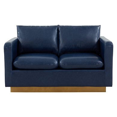 LeisureMod Nervo Modern Mid-Century Upholstered Leather Loveseat with Gold Frame