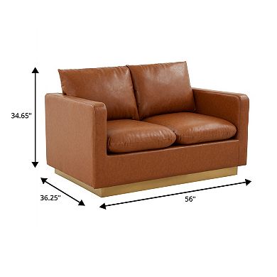 LeisureMod Nervo Modern Mid-Century Upholstered Leather Loveseat with Gold Frame