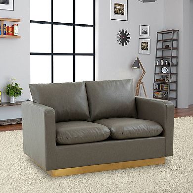 LeisureMod Nervo Modern Mid-Century Upholstered Leather Loveseat with Gold Frame