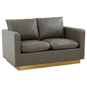 LeisureMod Nervo Modern Mid-Century Upholstered Leather Loveseat with Gold Frame