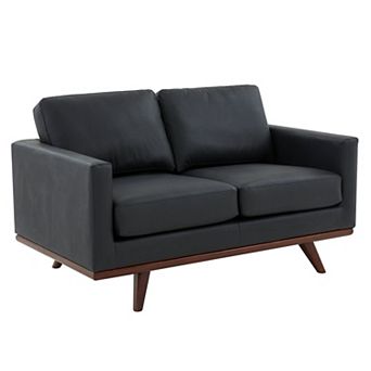 LeisureMod Chester Modern Leather Loveseat With Birch Wood Base