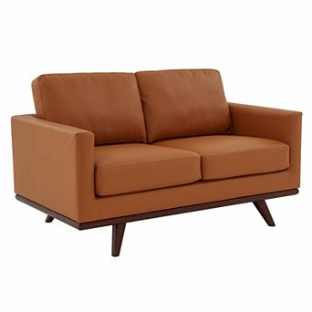 LeisureMod Chester Modern Leather Loveseat With Birch Wood Base
