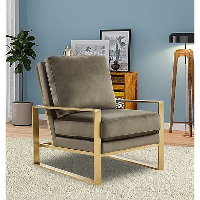 LeisureMod Jefferson Velvet Design Accent Armchair With Gold Brass Finish Frame